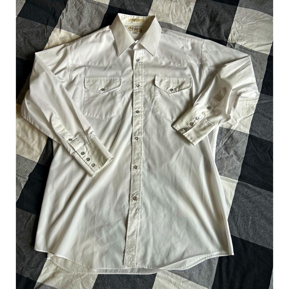 Vintage Sheplers Mens medium White Solid L/S Button-Up Pearl snap 16-32